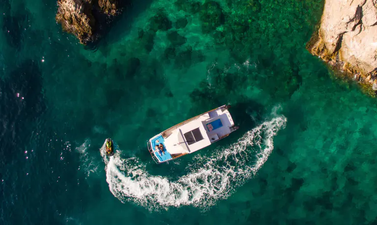 Allegra catamaran from above over a green cove