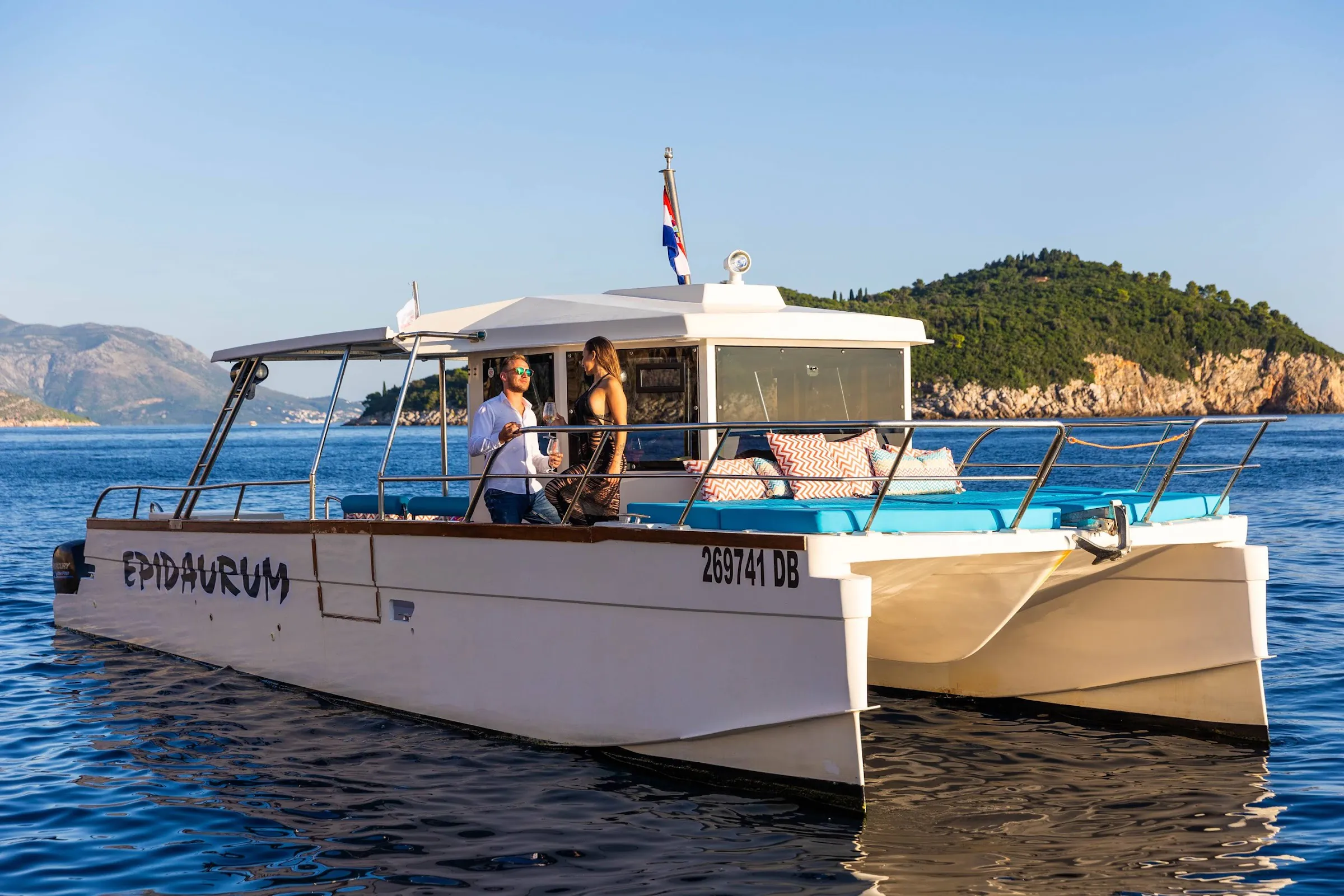 Cat 17 Epidaurum catamaran with guests on deck