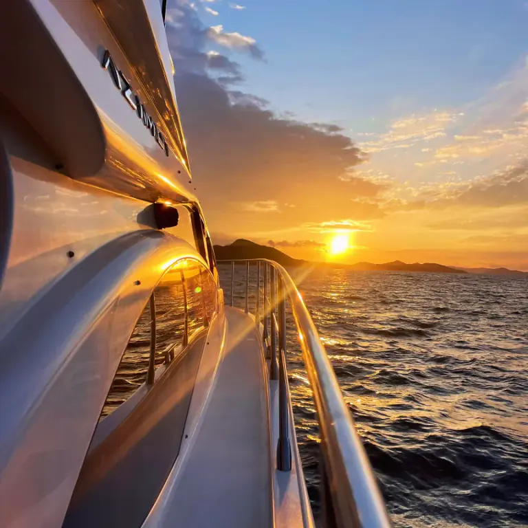 Side deck of the Azimut 43 Fly at sunset