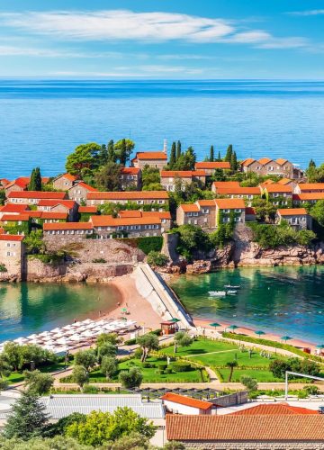 View on Sveti Stefan Island Budva Riviera Montenegro